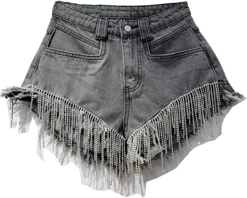 Women's Summer Denim Shorts Rhinestone Design High Waist Slim A-Line Hot Pants