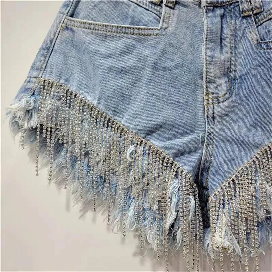 Women's Summer Denim Shorts Rhinestone Design High Waist Slim A-Line Hot Pants