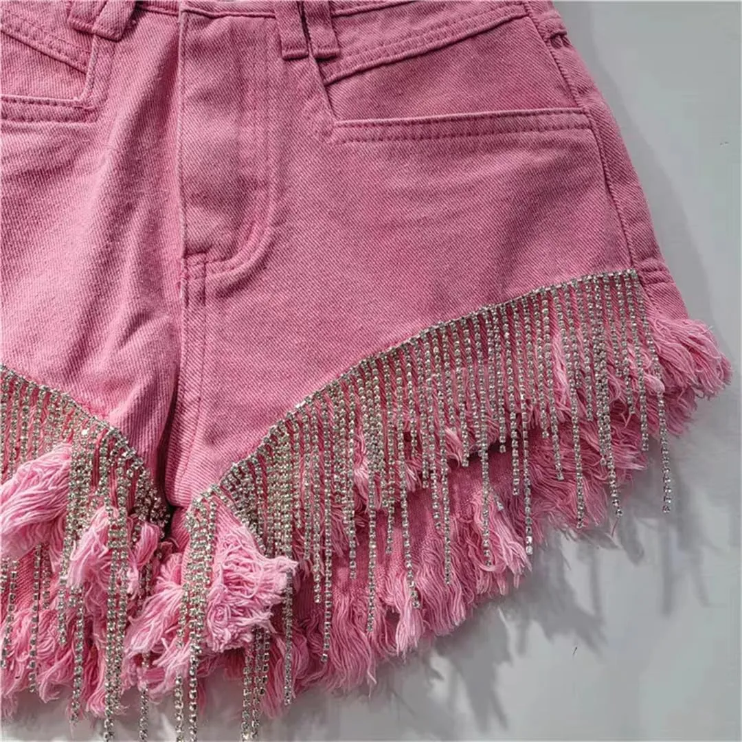 Women's Summer Denim Shorts Rhinestone Design High Waist Slim A-Line Hot Pants