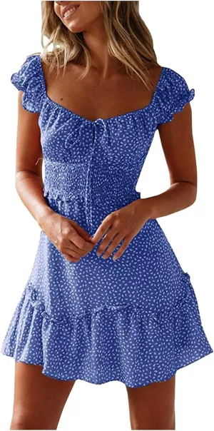 Womens Summer Sundress Casual Ruffle Sleeve Tie Front Mini Dress Sexy Short Dress Floral Boho Vacation Dresses