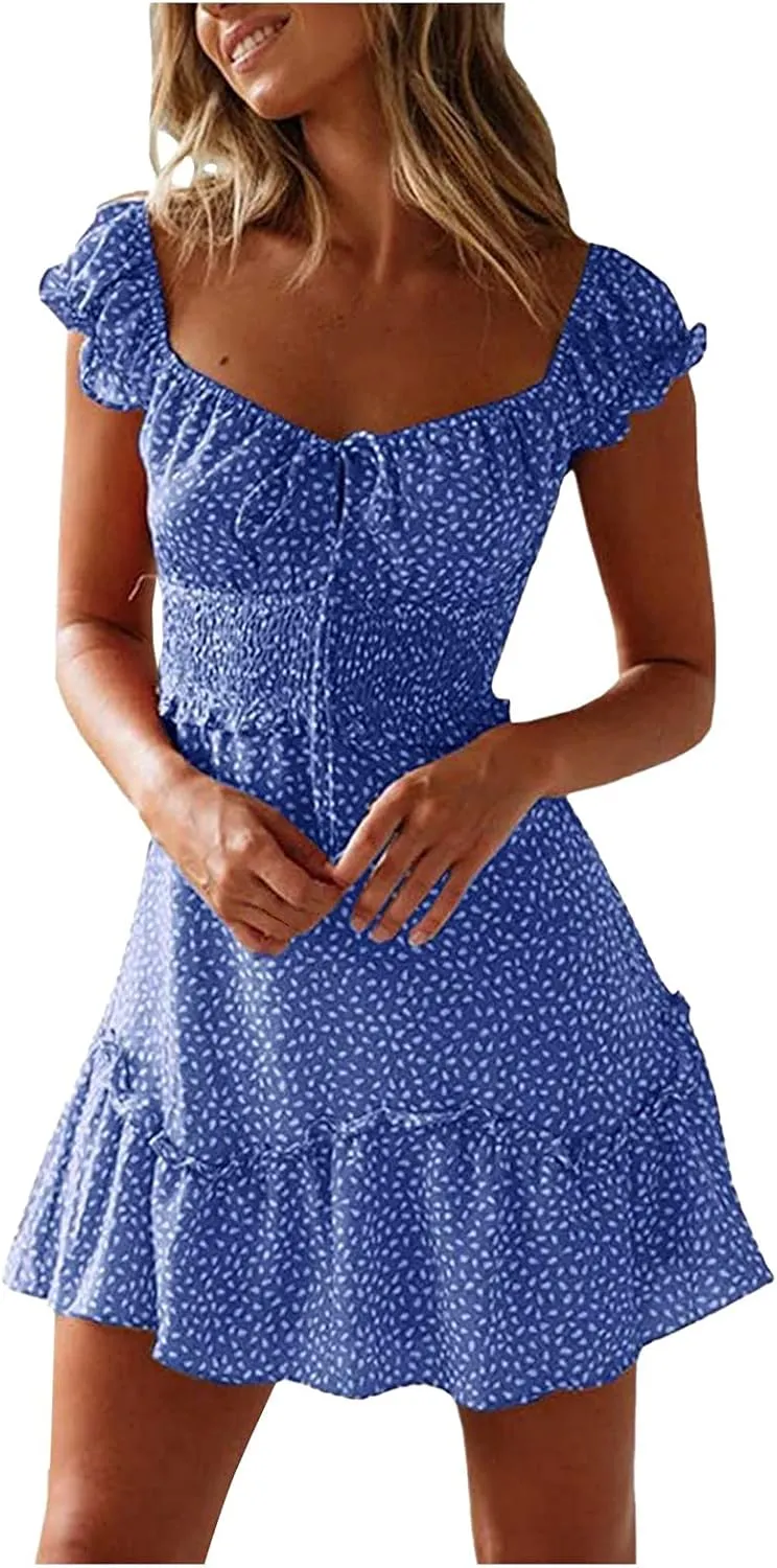 Womens Summer Sundress Casual Ruffle Sleeve Tie Front Mini Dress Sexy Short Dress Floral Boho Vacation Dresses