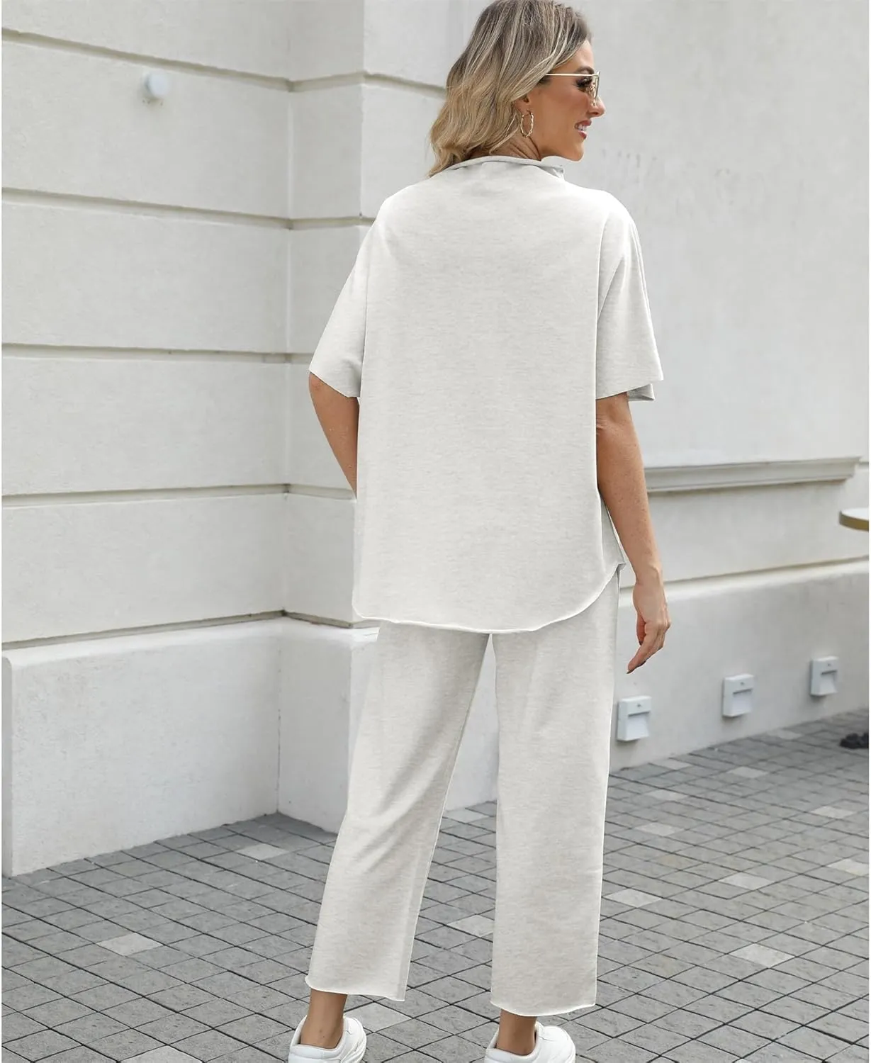 Women's Two Piece Outfits 3/4 Batwing Sleeve Capelet Crew Neck Pullover Top Wide Leg Pants Lounge Set