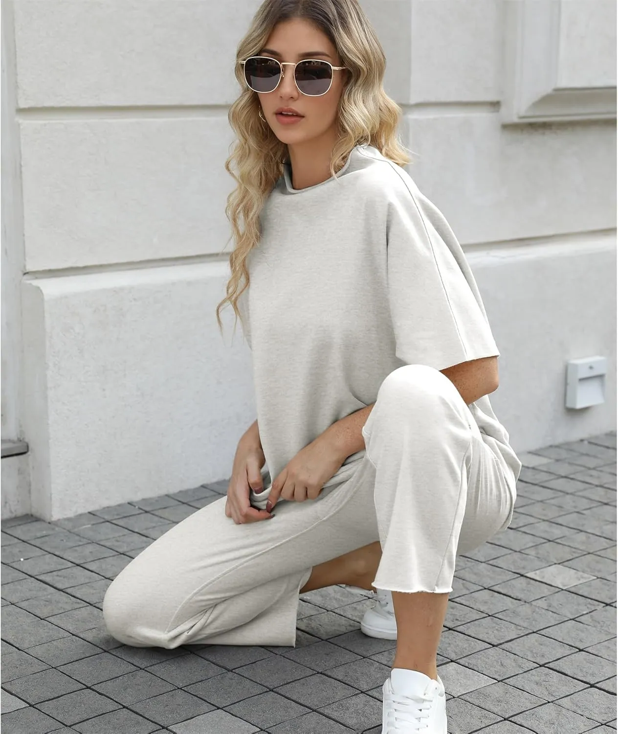 Women's Two Piece Outfits 3/4 Batwing Sleeve Capelet Crew Neck Pullover Top Wide Leg Pants Lounge Set