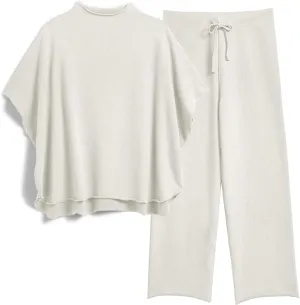 Women's Two Piece Outfits 3/4 Batwing Sleeve Capelet Crew Neck Pullover Top Wide Leg Pants Lounge Set