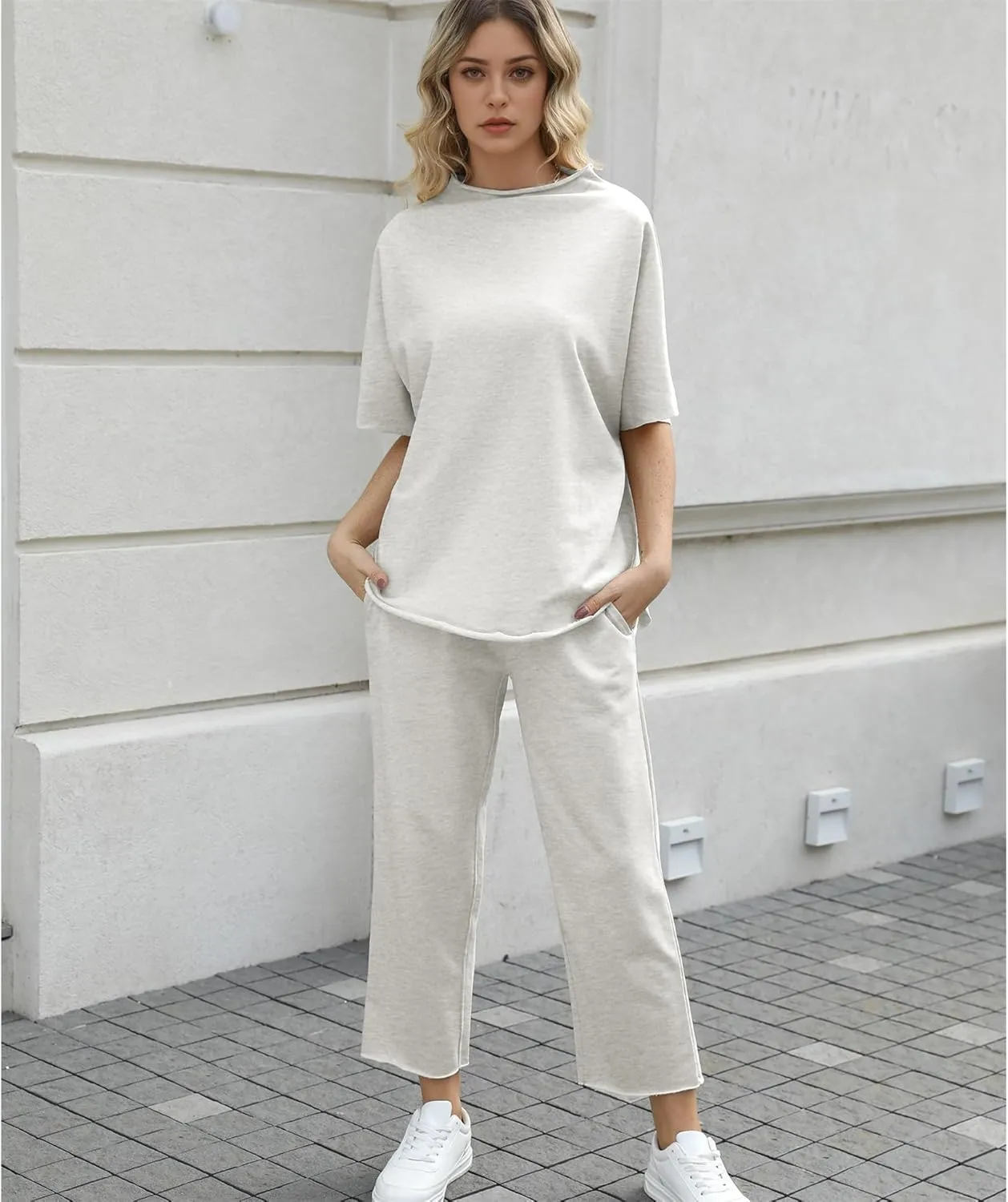 Women's Two Piece Outfits 3/4 Batwing Sleeve Capelet Crew Neck Pullover Top Wide Leg Pants Lounge Set