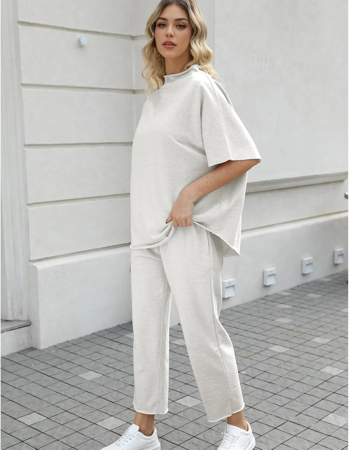 Women's Two Piece Outfits 3/4 Batwing Sleeve Capelet Crew Neck Pullover Top Wide Leg Pants Lounge Set