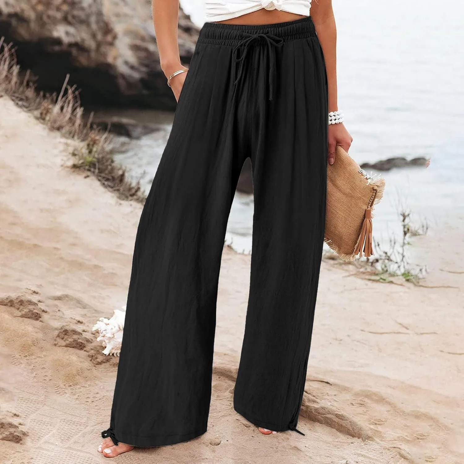 Womens Wide Leg Lounge Pants Lightweight Flowy Cotton Linen Trousers Loose High Waisted Summer Beach Pants Pockets