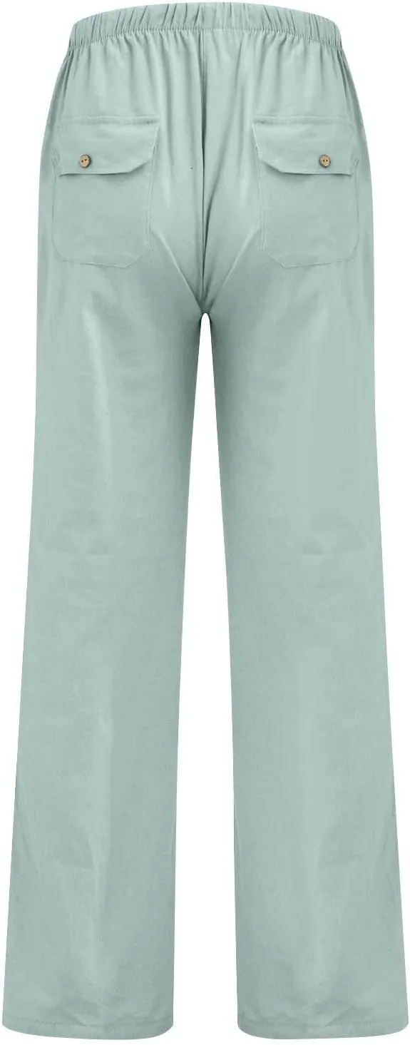 Womens Wide Leg Lounge Pants Lightweight Flowy Cotton Linen Trousers Loose High Waisted Summer Beach Pants Pockets