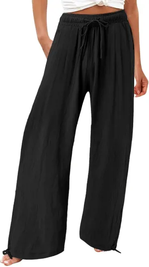 Womens Wide Leg Lounge Pants Lightweight Flowy Cotton Linen Trousers Loose High Waisted Summer Beach Pants Pockets