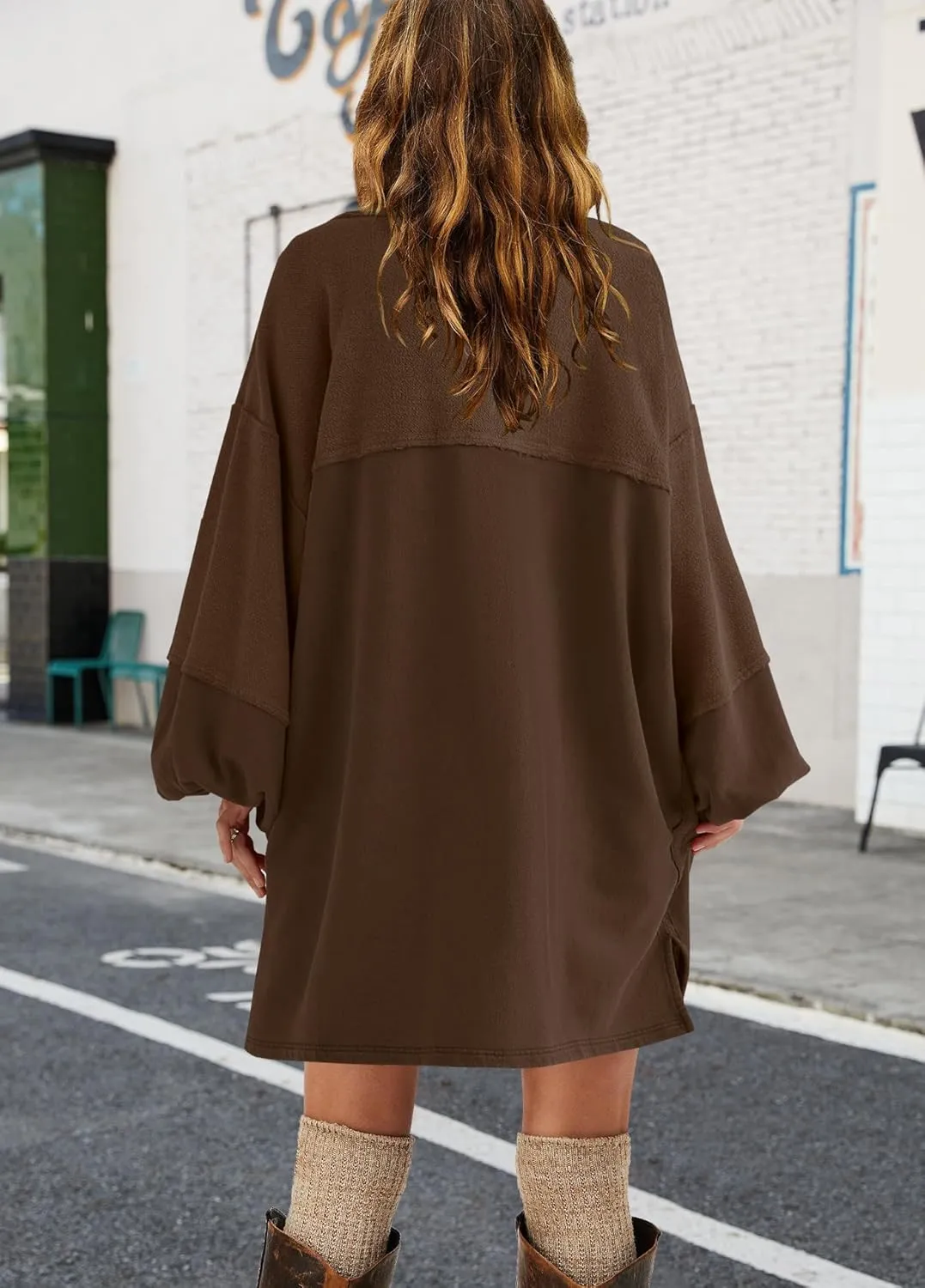 Yanekop Womens Oversized Sweatshirt Dress Patchwork Tunic Sweatshirts Crewneck Long Sleeve Spring Pullover Tops Side Slit