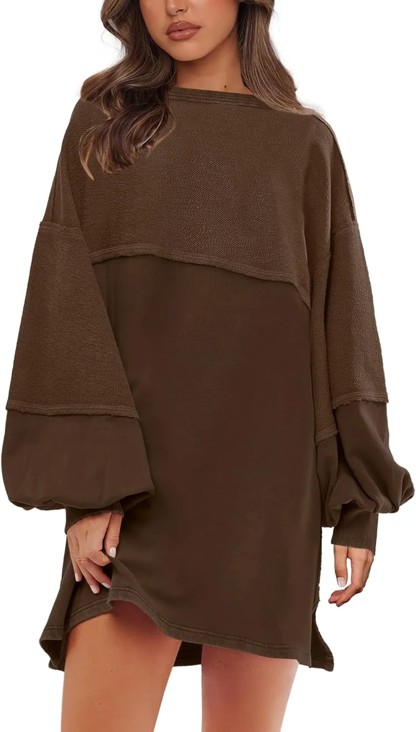 Yanekop Womens Oversized Sweatshirt Dress Patchwork Tunic Sweatshirts Crewneck Long Sleeve Spring Pullover Tops Side Slit