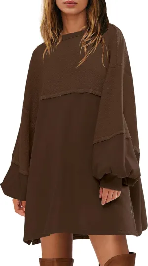 Yanekop Womens Oversized Sweatshirt Dress Patchwork Tunic Sweatshirts Crewneck Long Sleeve Spring Pullover Tops Side Slit