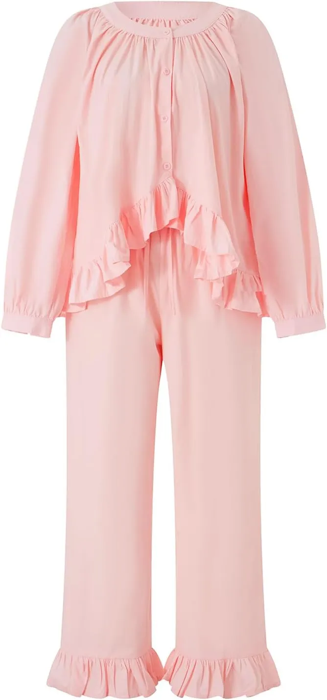 Yoawdats 2 Piece Plaid Pajama Set for Women Ruffled Puff Sleeve Button Down Babydoll Shirt Pants Gingham Pjs Set Loungewear