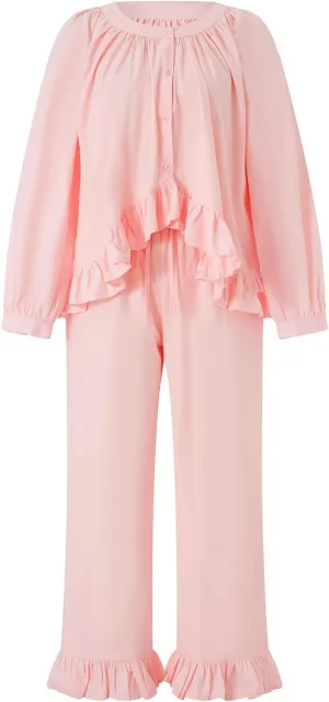 Yoawdats 2 Piece Plaid Pajama Set for Women Ruffled Puff Sleeve Button Down Babydoll Shirt Pants Gingham Pjs Set Loungewear