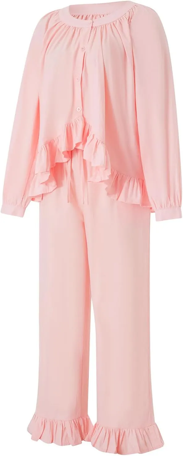 Yoawdats 2 Piece Plaid Pajama Set for Women Ruffled Puff Sleeve Button Down Babydoll Shirt Pants Gingham Pjs Set Loungewear