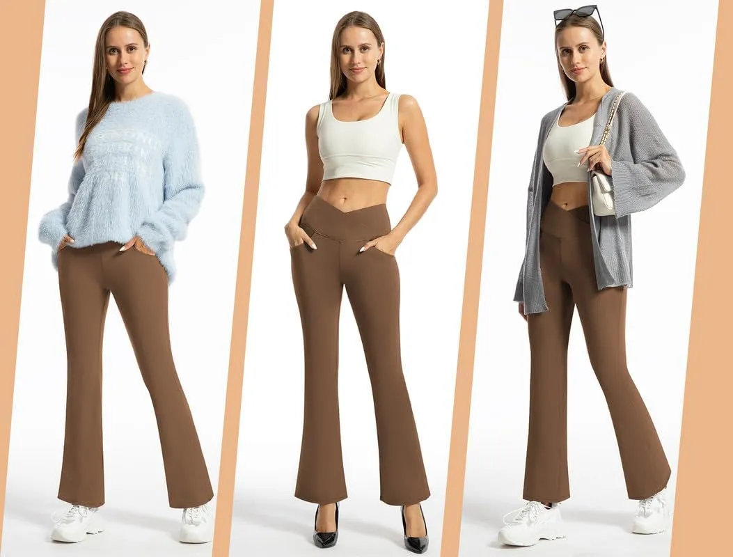 Yoga Pants with Pockets for Women Crossover Flare Leggings Wide Leg Pants for Women Tummy Control