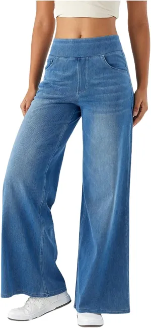 Yollmart Women Wide Leg Jeans Elastic High Waisted Pull On Baggy Denim Pants with Pocket