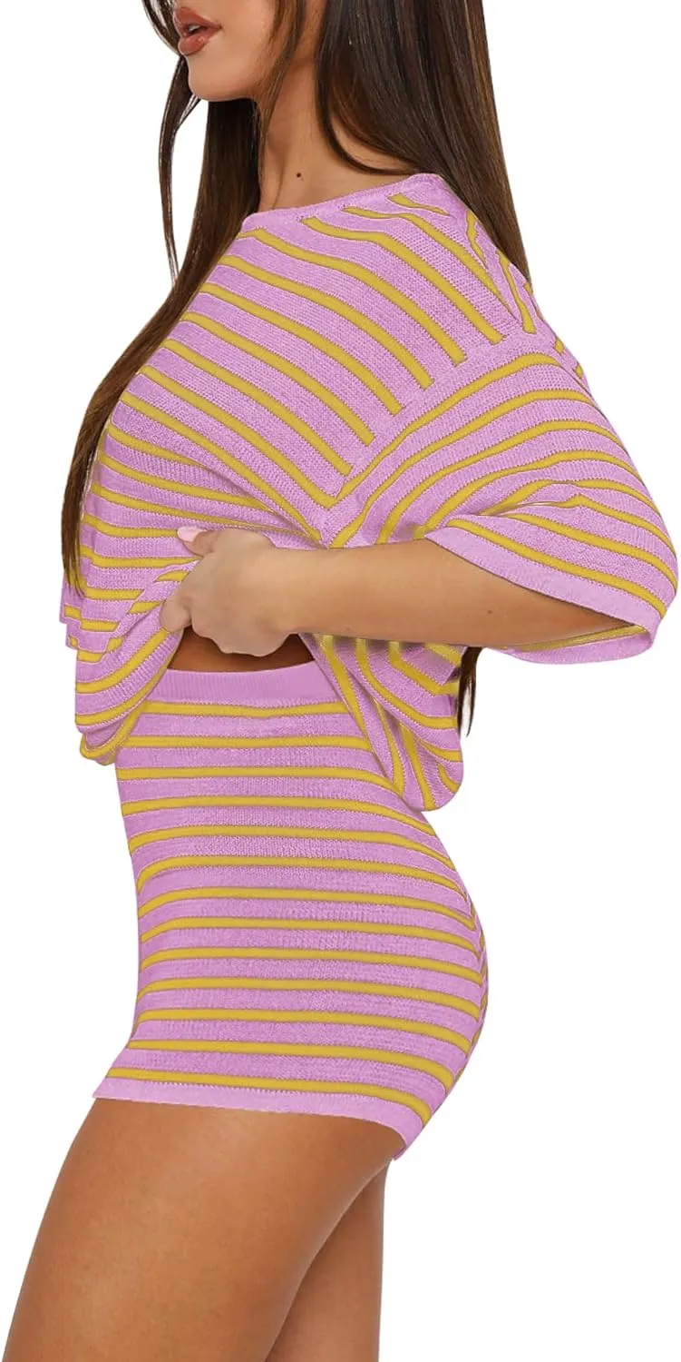 Yousify 2 Piece Sweater Set for Womens Summer Short Sleeve Tops Striped Matching Shorts Lounge Sets S-2XL