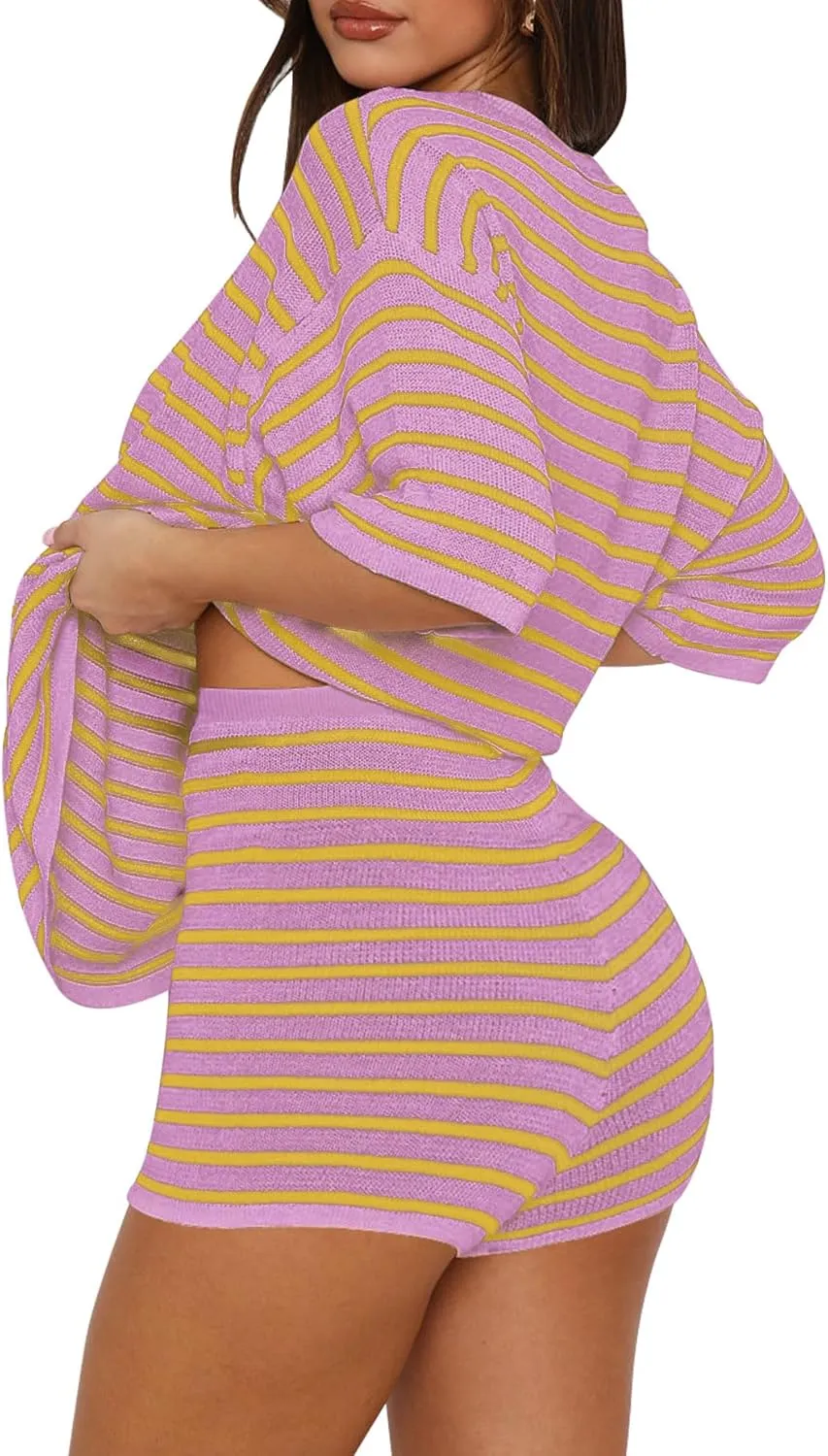 Yousify 2 Piece Sweater Set for Womens Summer Short Sleeve Tops Striped Matching Shorts Lounge Sets S-2XL