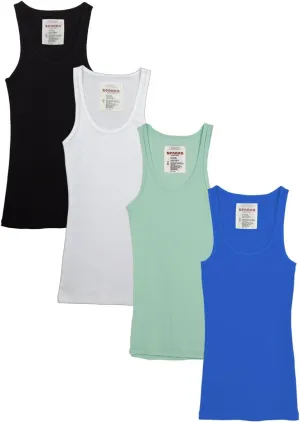 Zenana Outfitters 4 Pack Womens Basic Ribbed Tank Top Black/White/Aqua/BBLUE S