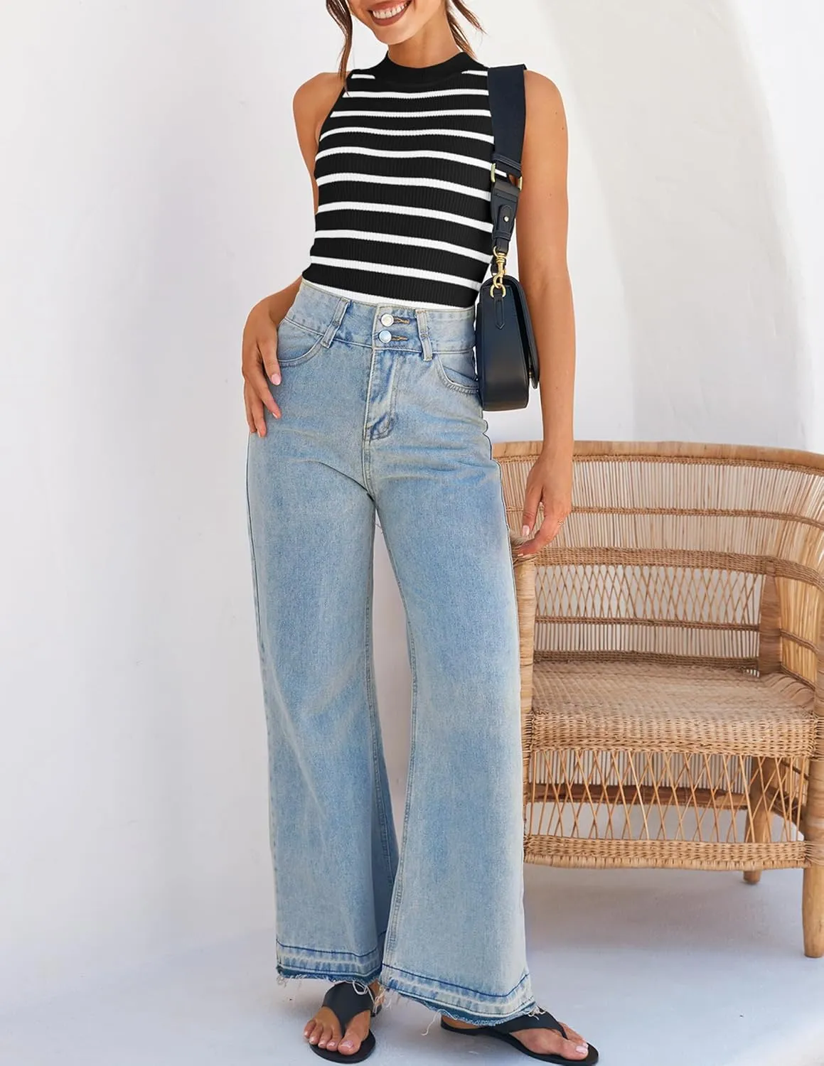 ZESICA Womens Ribbed Tank Tops High Neck Slim Fitted Striped Basic Casual Summer Sleeveless Shirts
