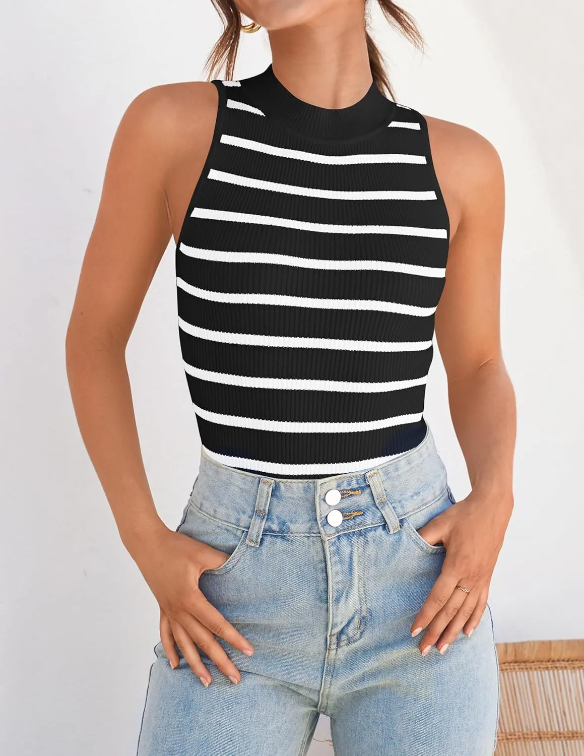 ZESICA Womens Ribbed Tank Tops High Neck Slim Fitted Striped Basic Casual Summer Sleeveless Shirts