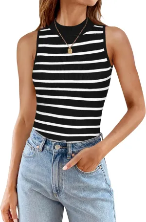 ZESICA Womens Ribbed Tank Tops High Neck Slim Fitted Striped Basic Casual Summer Sleeveless Shirts