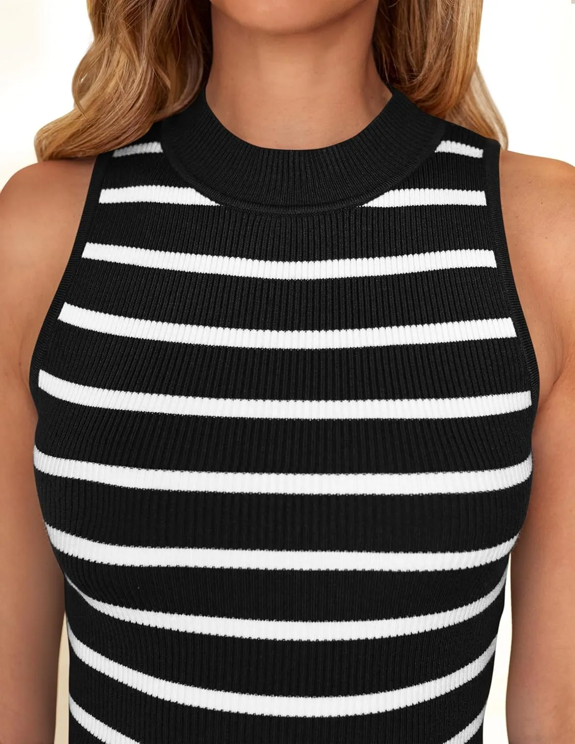ZESICA Womens Ribbed Tank Tops High Neck Slim Fitted Striped Basic Casual Summer Sleeveless Shirts