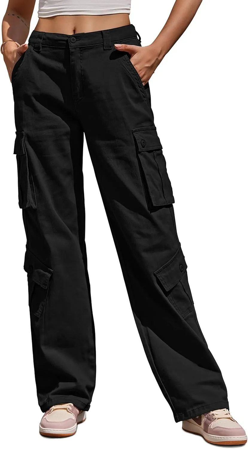 ZMPSIISA Women Pants High Waisted Cargo Pants Combat Military Wide Leg Casual Trousers 8 Pockets