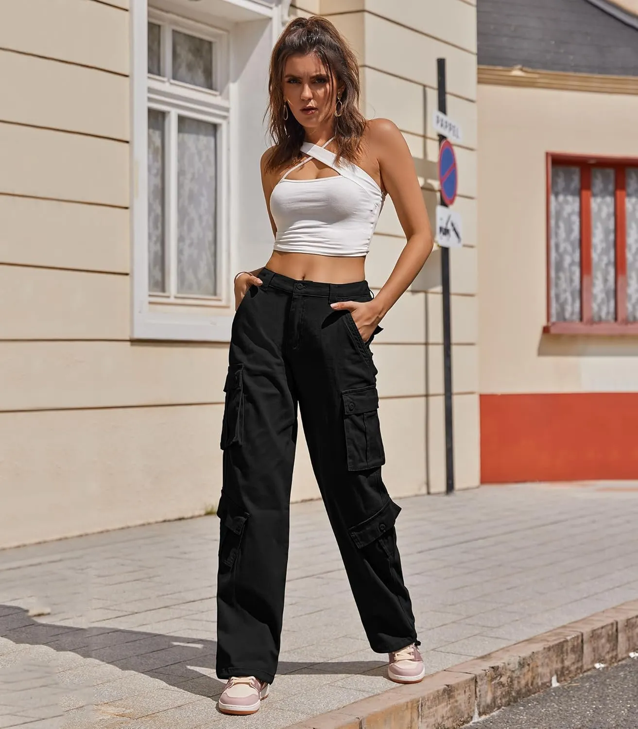 ZMPSIISA Women Pants High Waisted Cargo Pants Combat Military Wide Leg Casual Trousers 8 Pockets
