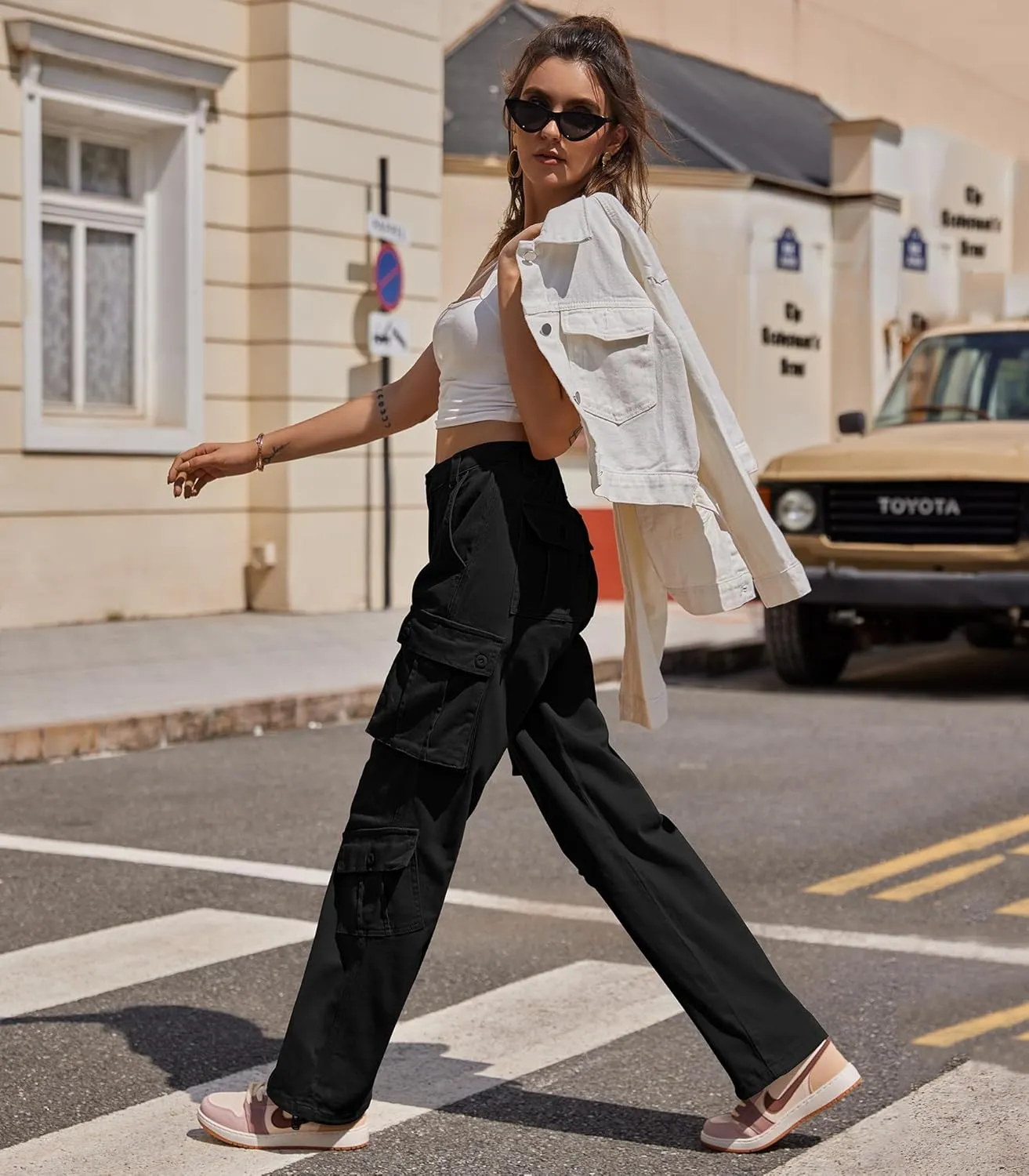 ZMPSIISA Women Pants High Waisted Cargo Pants Combat Military Wide Leg Casual Trousers 8 Pockets