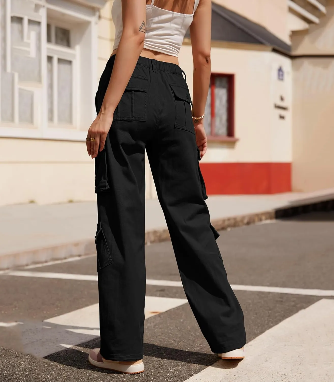 ZMPSIISA Women Pants High Waisted Cargo Pants Combat Military Wide Leg Casual Trousers 8 Pockets