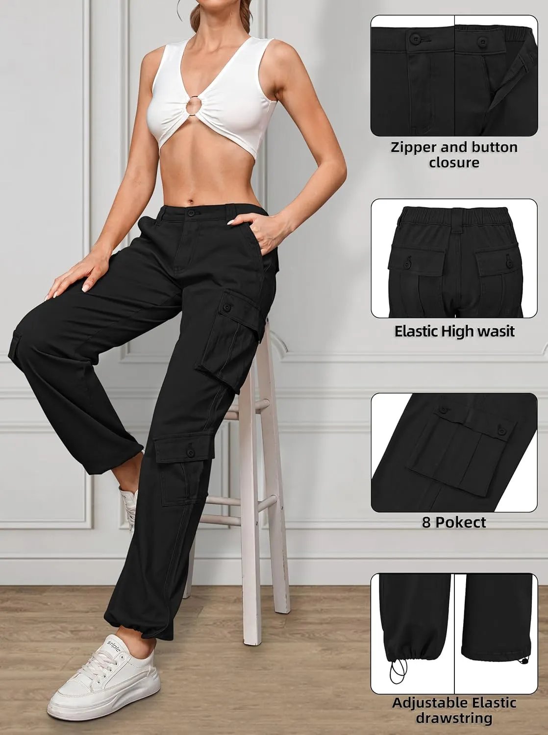 ZMPSIISA Women Pants High Waisted Cargo Pants Combat Military Wide Leg Casual Trousers 8 Pockets