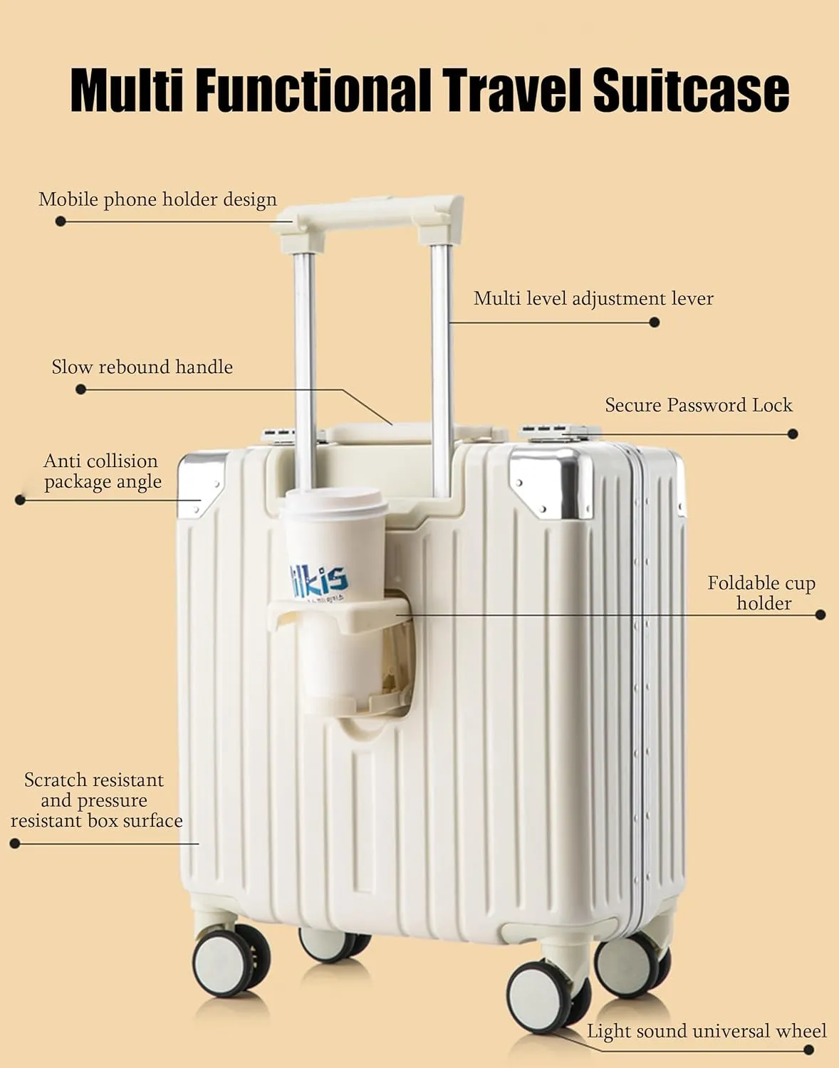ZMY Carry On Luggage Wide Handle Suitcase Hardside Lightweight PC Travel Suitcase with Spinner Wheels and Lock (White, 18 inches)